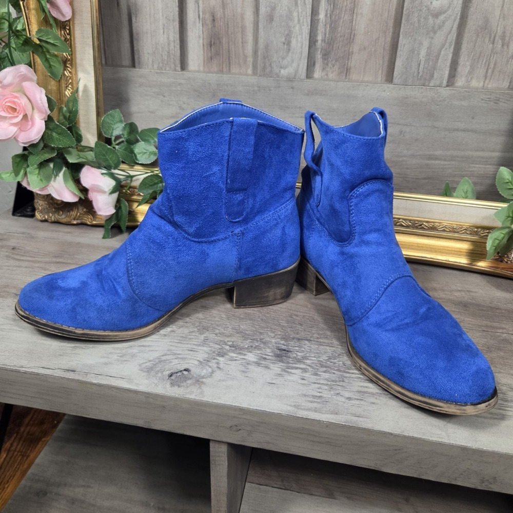 TINSTREE Blue Western Ankle Boots Women's Size 8 Faux Suede Cowboy Booties